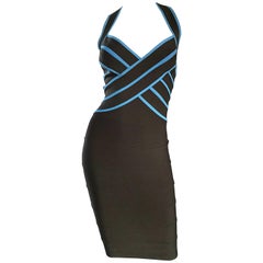 1990s Herve Leger Couture Brown + Blue Vintage 90s Bodycon Bandage Halter Dress