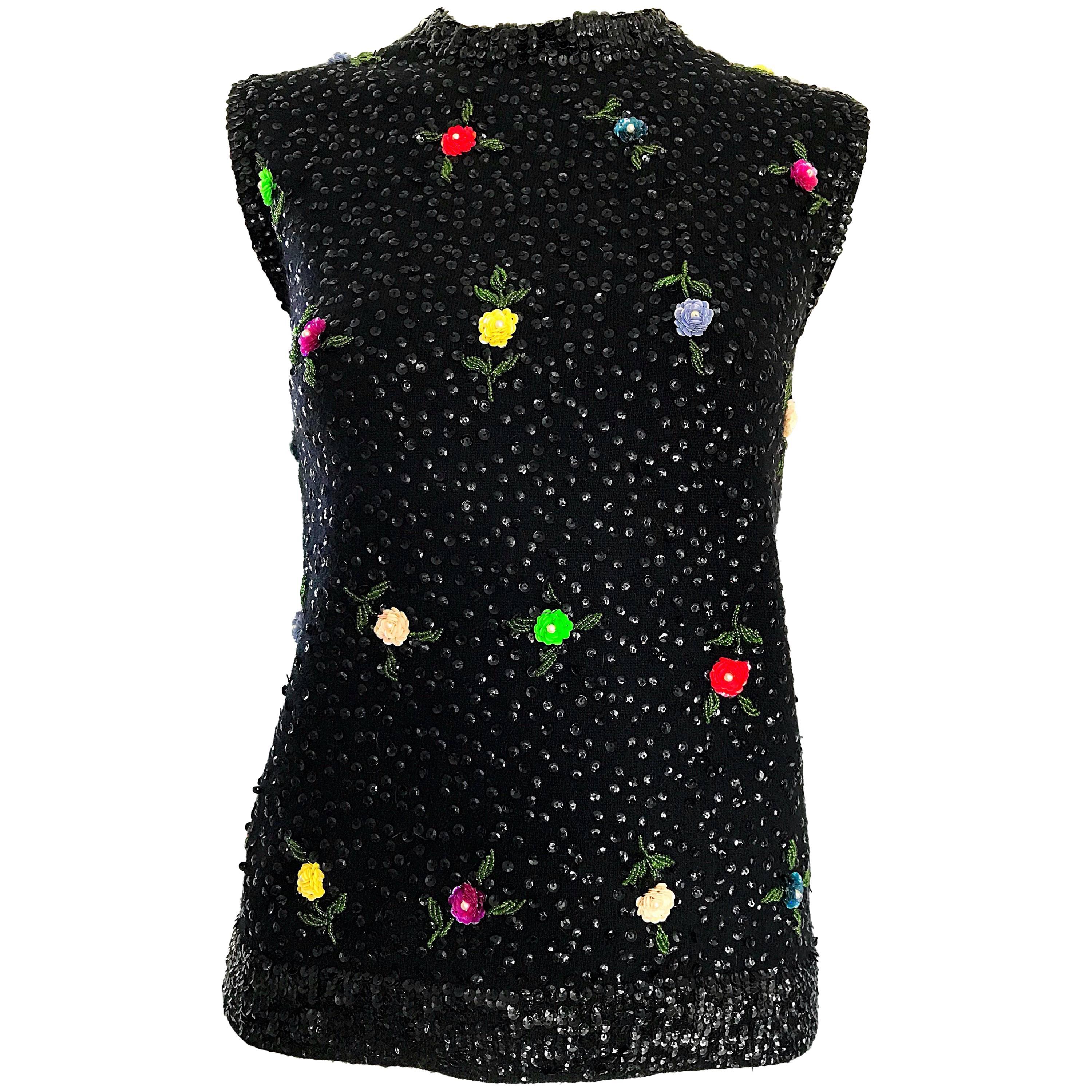 1950s Black Fully Sequined Angora Wool 50s Vintage Sleeveless  Sweater Top