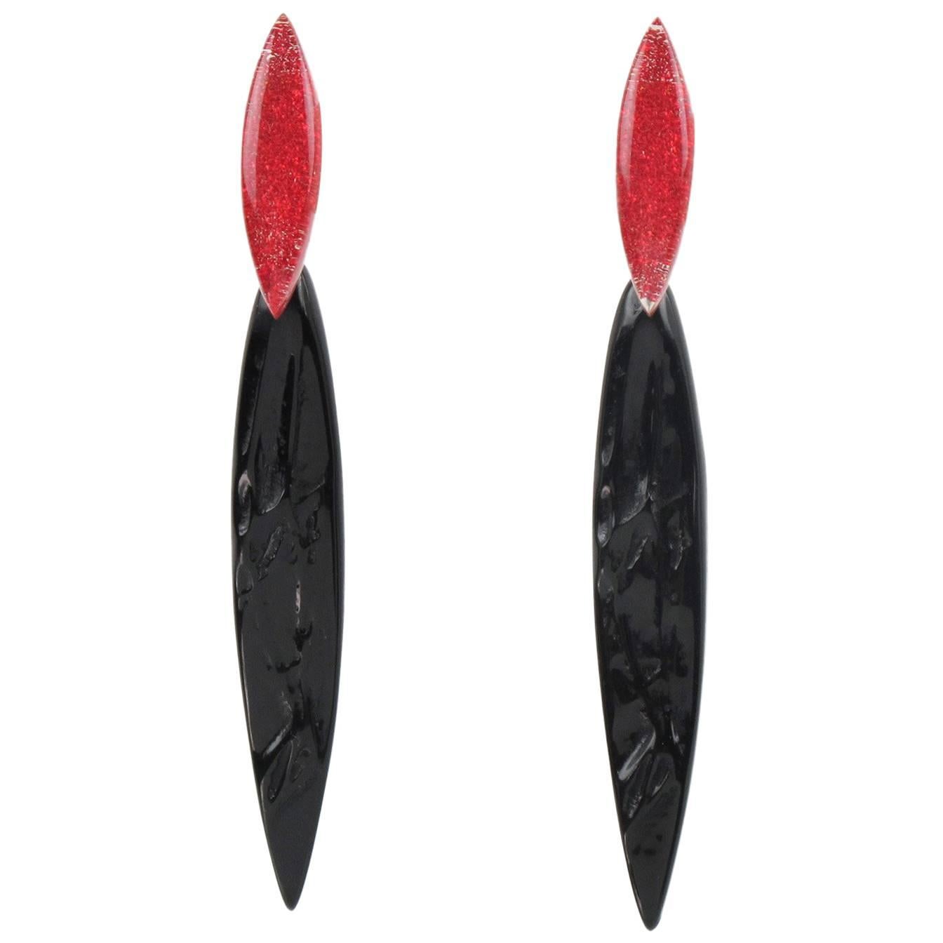 Oversized Shoulder Duster Black Resin & Red Glitter Lucite Clip on Earrings