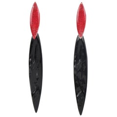 Vintage Oversized Shoulder Duster Black Resin & Red Glitter Lucite Clip on Earrings