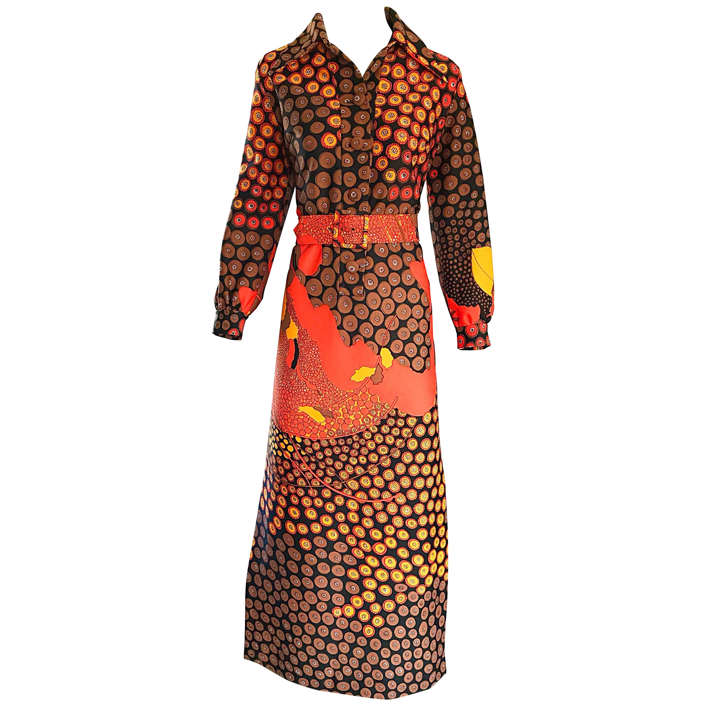 1970s Roos Atkins Autumnal Abstract Print Belted Knit Vintage 70s Maxi Dress