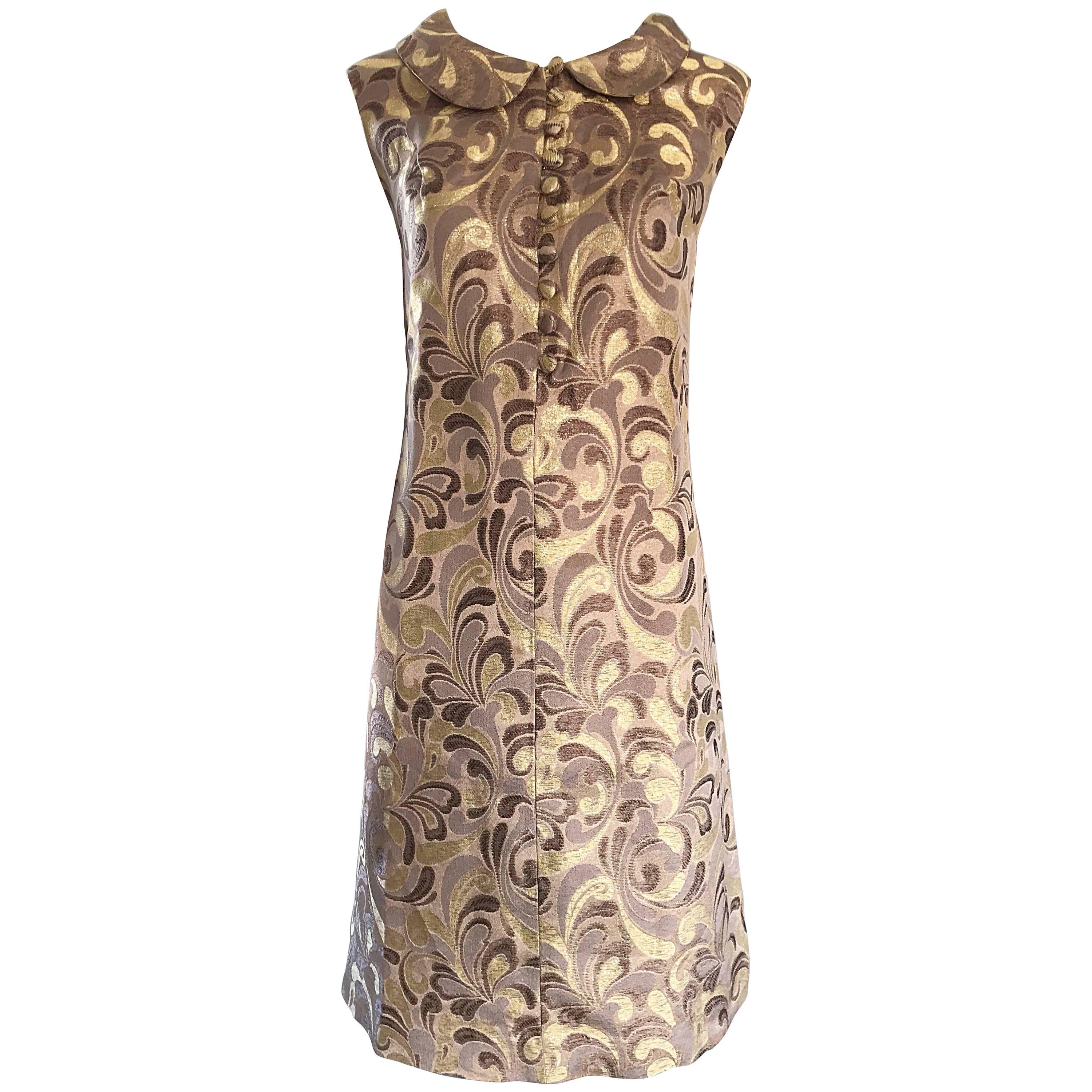 1960s Gold + Taupe + Brown Silk Brocade Regal Vintage 60s Mod Shift A Line Dress For Sale