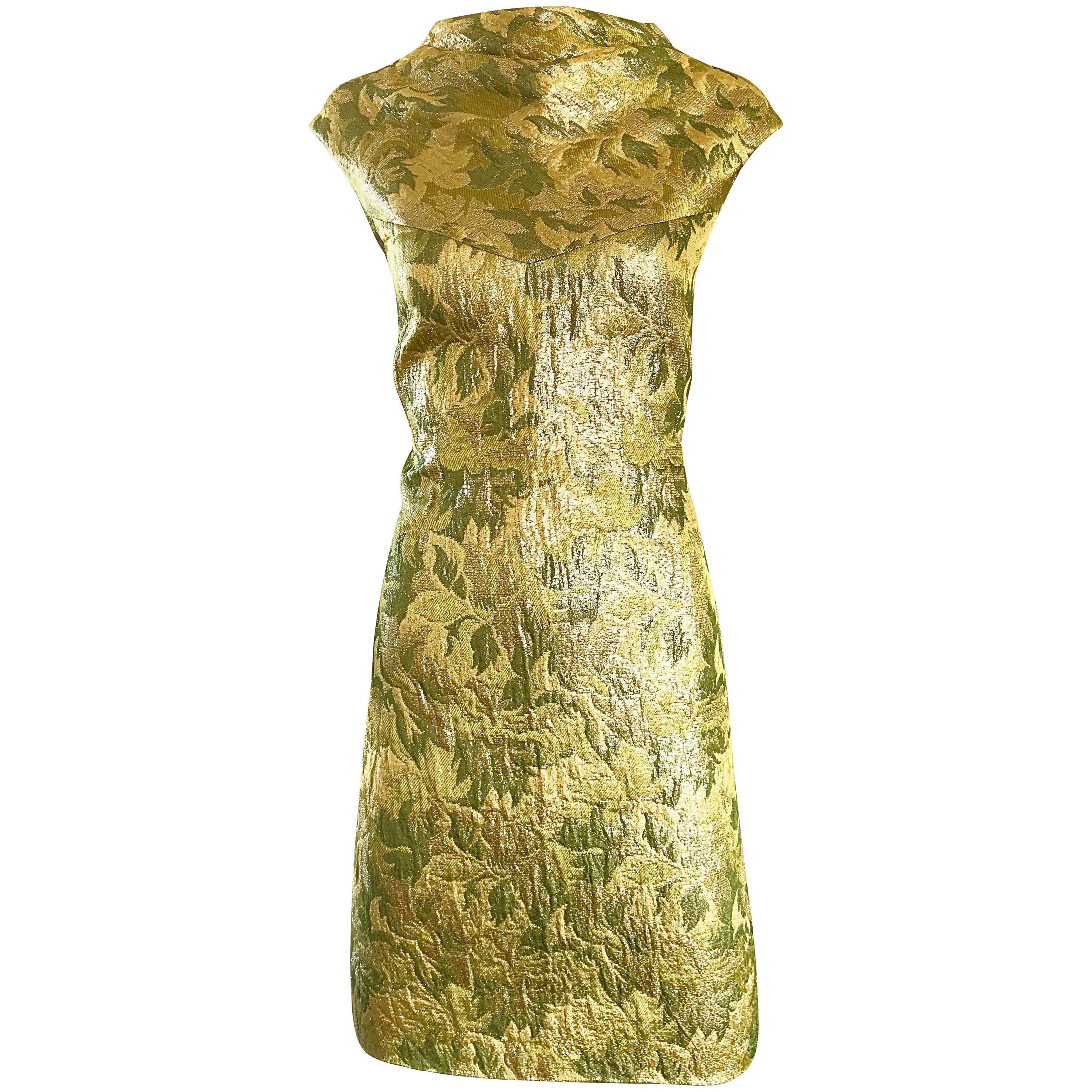 1960s Joseph Magnin Gold + Chartreuse Green Silk Brocade 60s Vintage Shift Dress