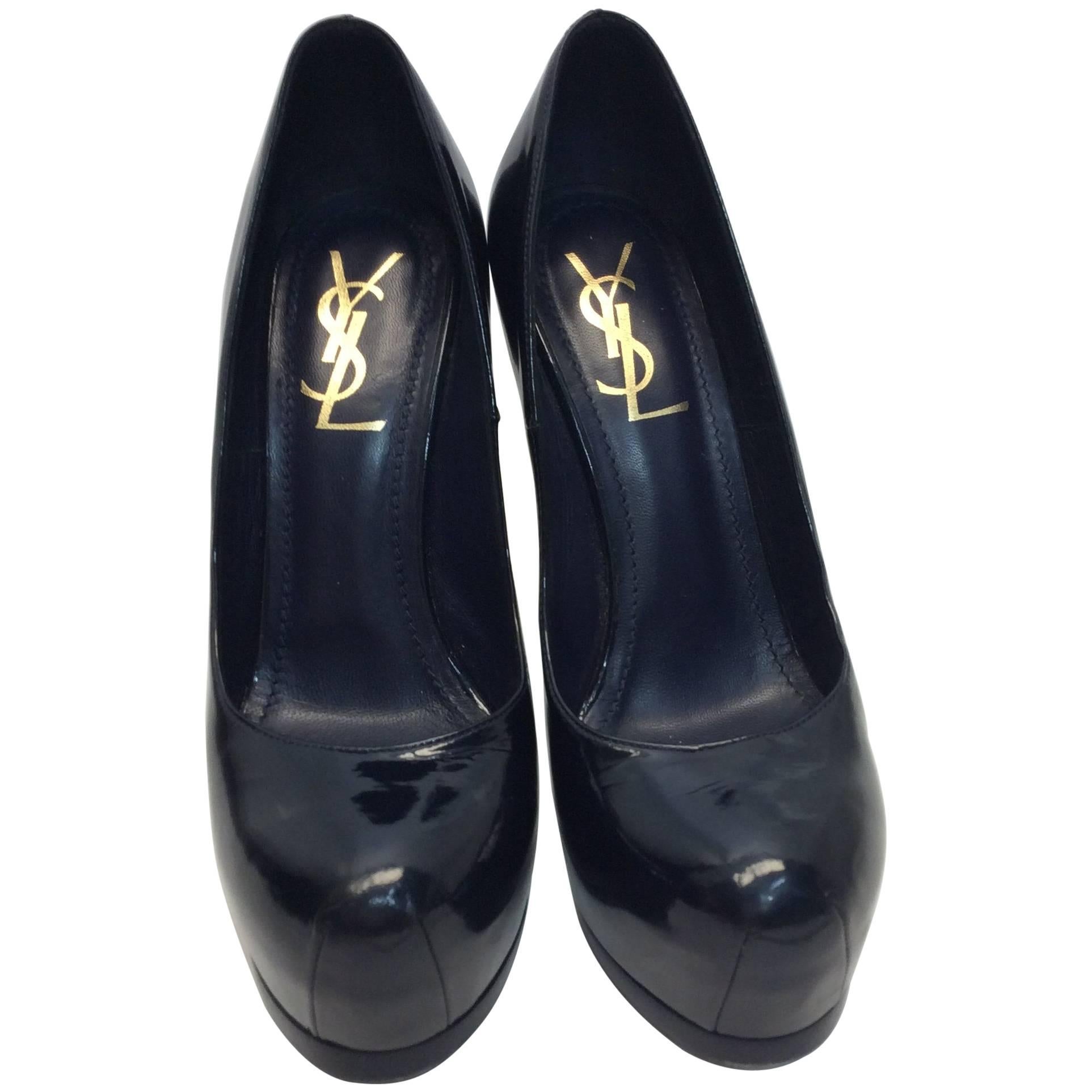YSL Navy Patent Leather Pumps  For Sale