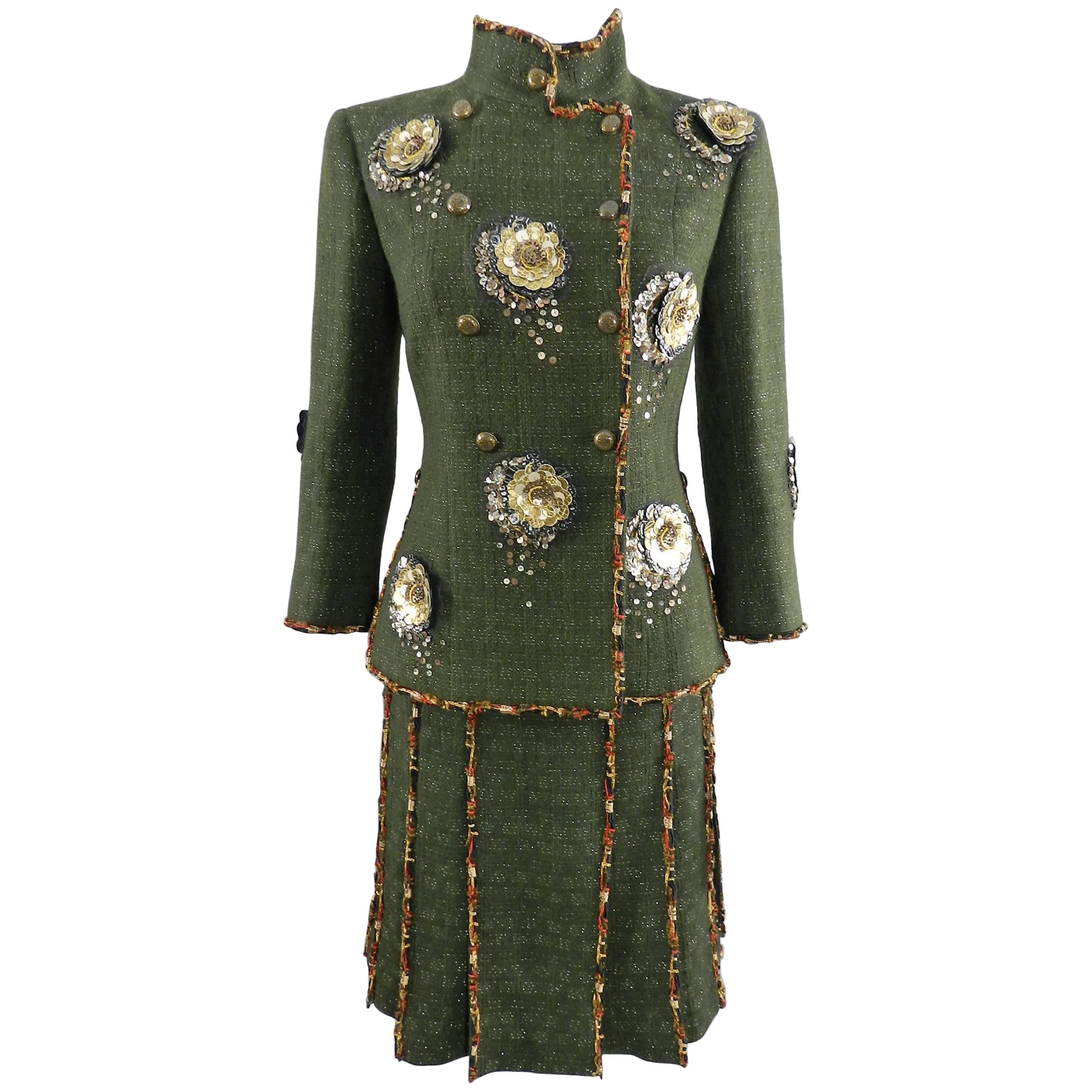 Chanel Pre-Fall 2010 Shanghai Runway Green skirt Suit with Gold Lesage Camelias