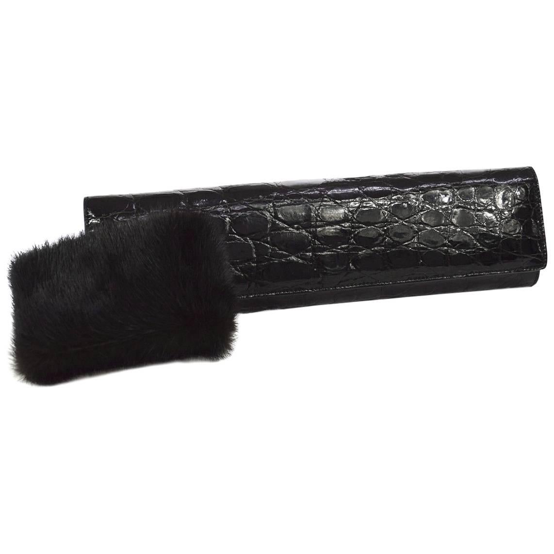 Salvatore Ferragamo Black Crocodile Mink Evening Clutch Bag