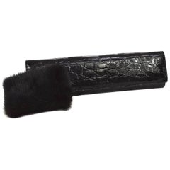 Salvatore Ferragamo Black Crocodile Mink Evening Clutch Bag