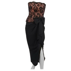 1980s A.J. Bari Corseted Lace Bodice Cocktail Dress w/ Draped Skirt