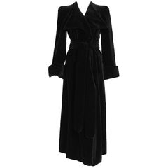 1972 Biba London Black Velvet Wide-Collar Belted Full Length Trench Coat Jacket