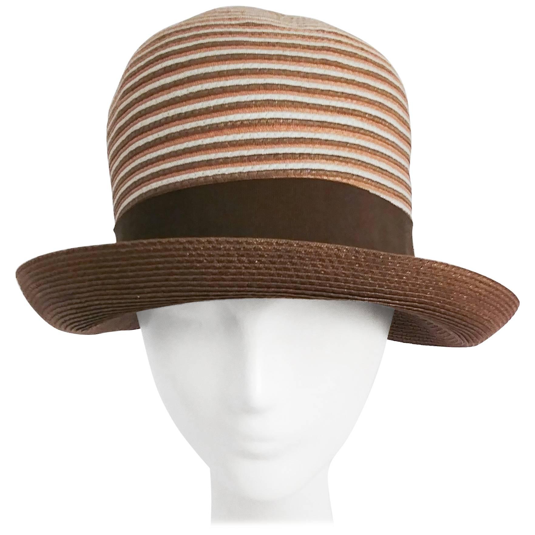 1960s Brown & White Stipe Woven Cloche Hat