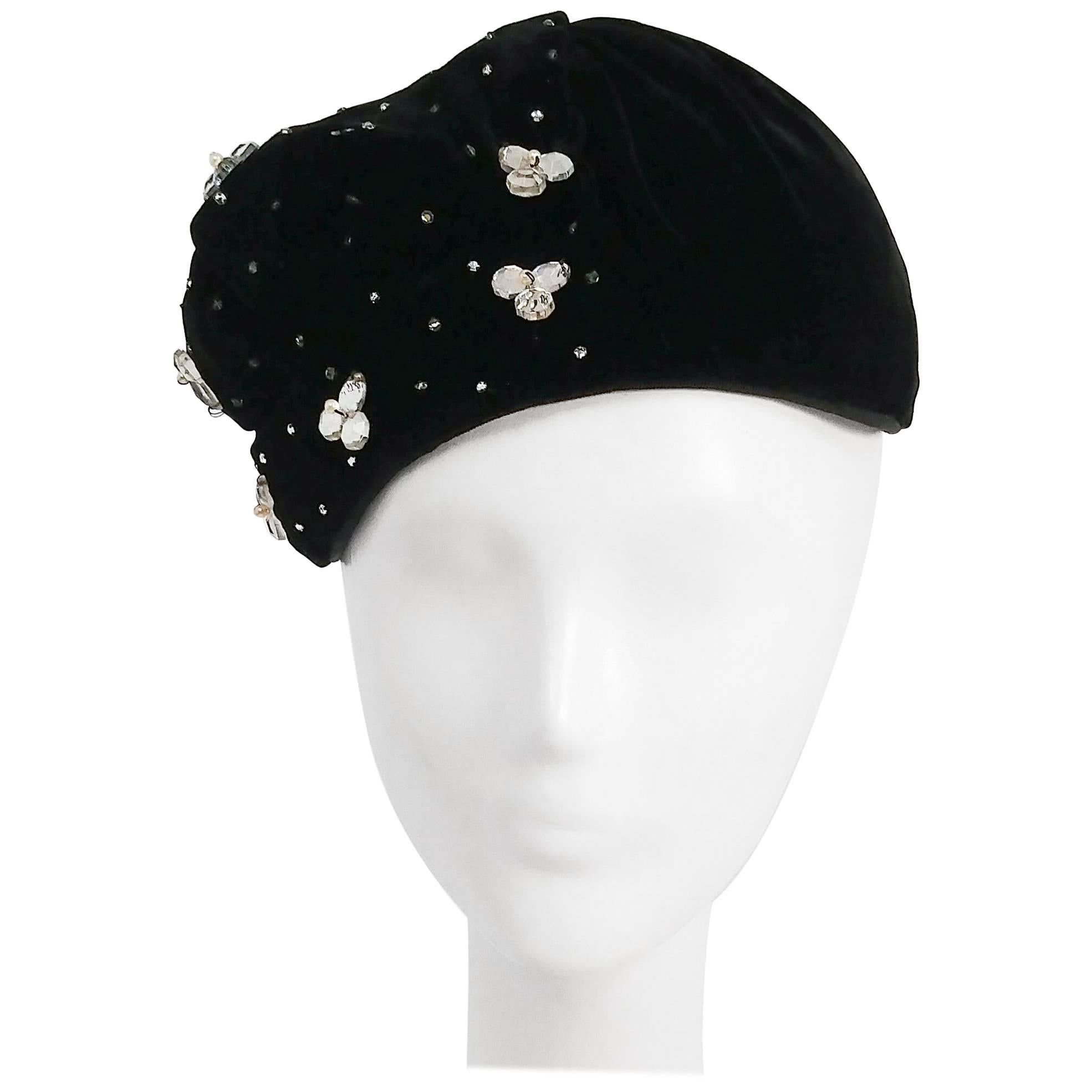 1940s Black Velvet Hat w/ Beading For Sale