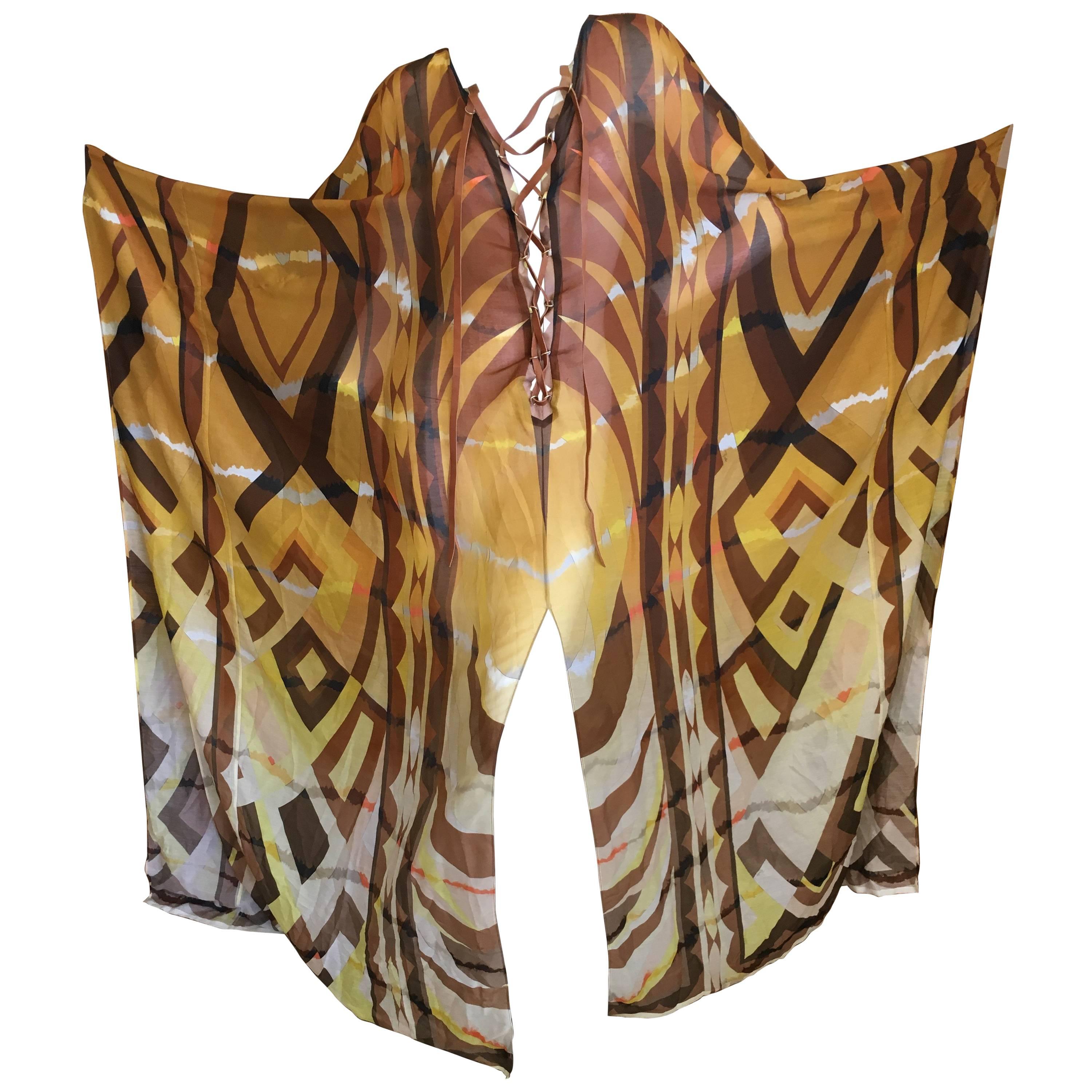 Emilio Pucci Sheer Patterned Caftan with Leather Lace Up Straps New with Tags For Sale