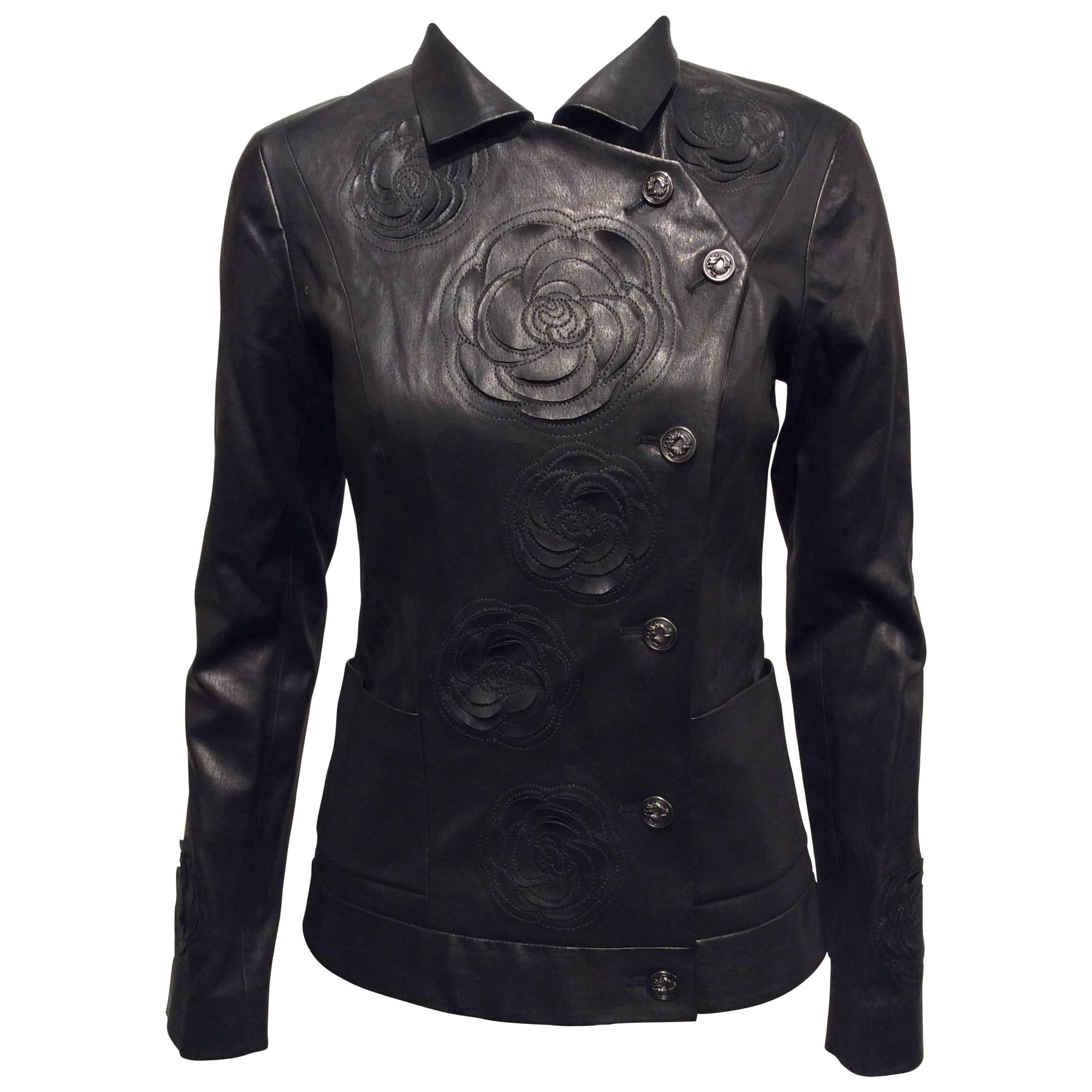 Chanel Black Leather Jacket With Cutout Appliqué Camellias Sz 36 (US 4)