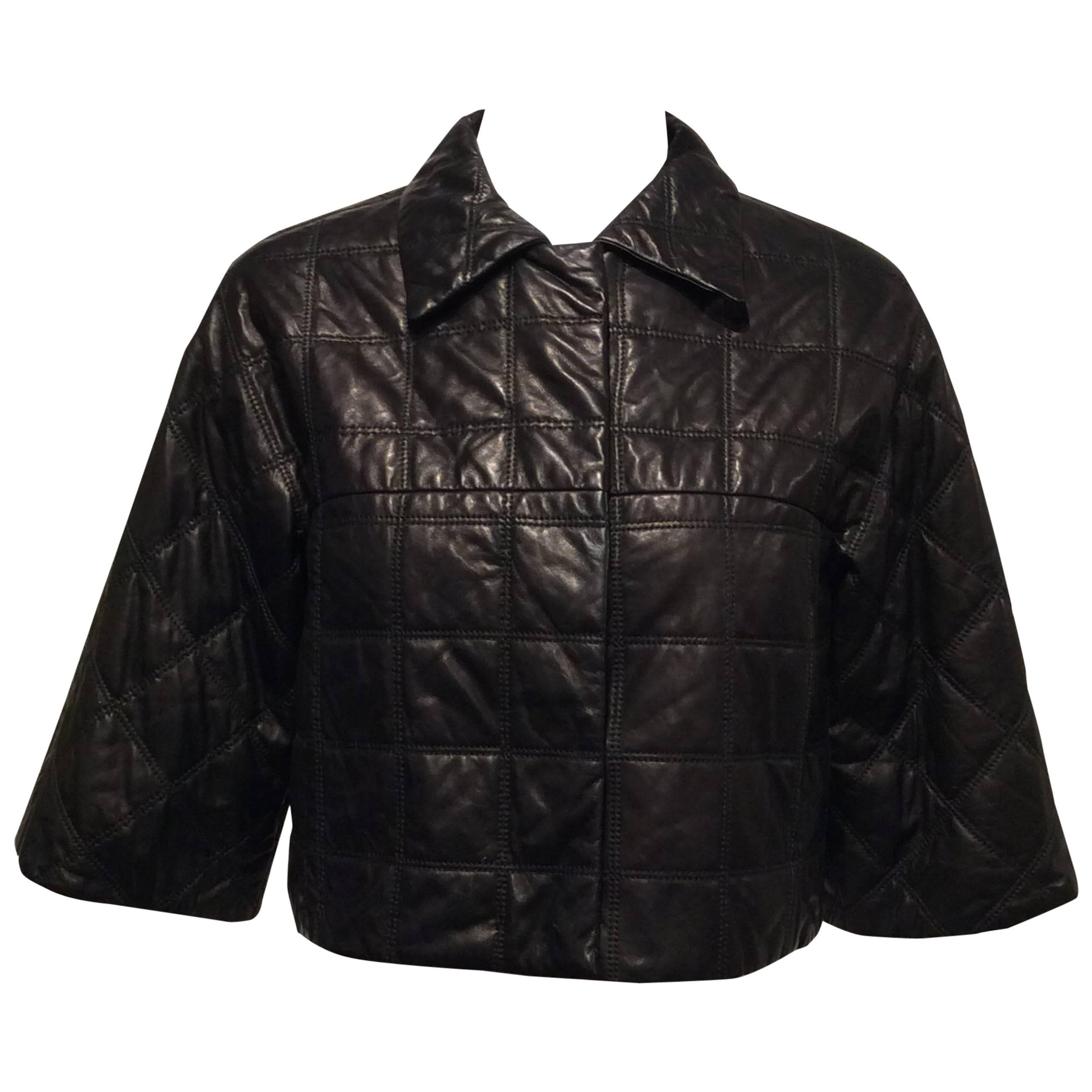 Prada Black With Quilted Pattern Leather Jacket Sz 38 (Us 2) For Sale