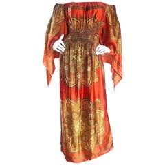 Amazing 1970s Off - Shoulder Boho Ethnic Print Silky Vintage 70s Maxi Dress