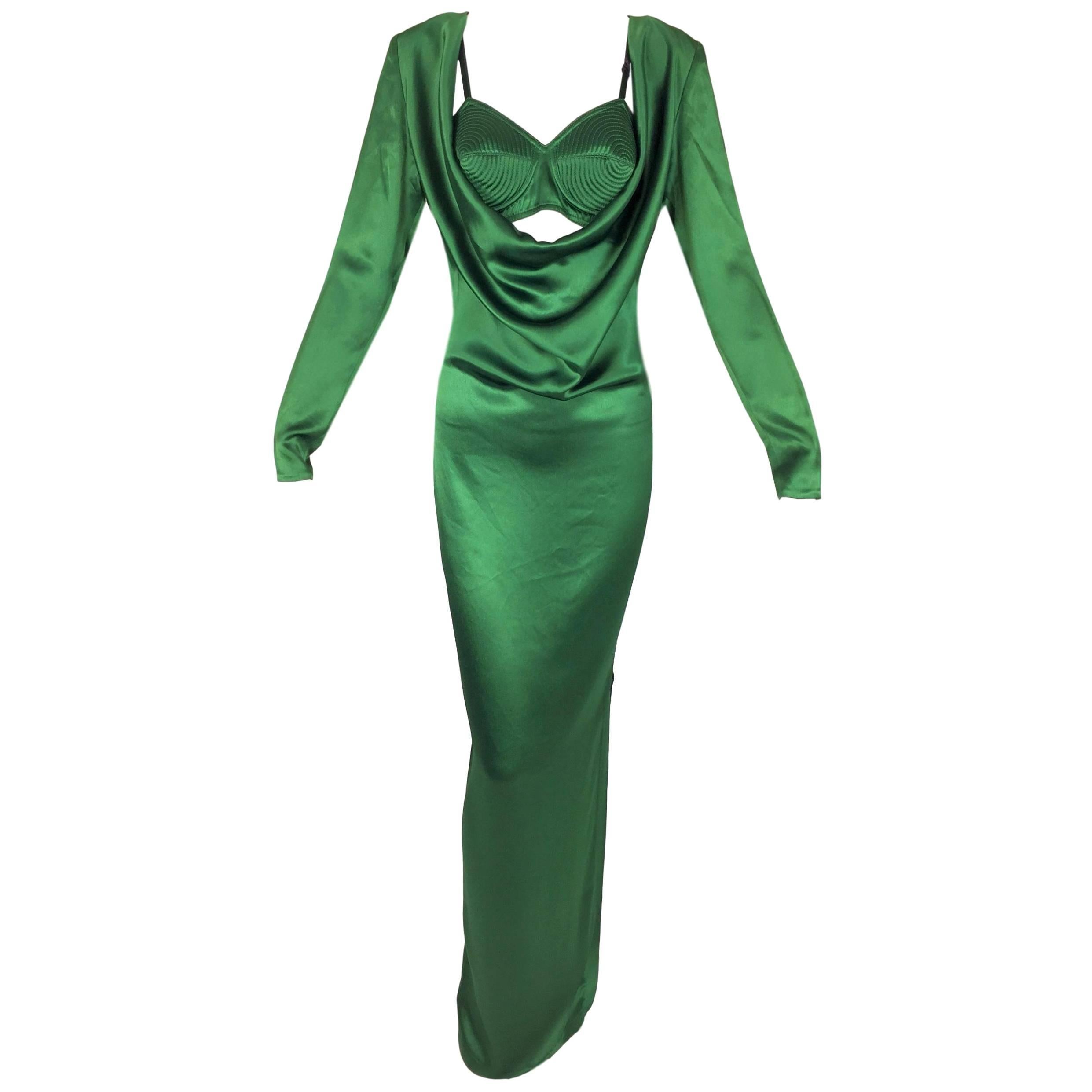 S/S 2010 Jean Paul Gaultier Emerald Satin Cone Bra & Plunging Gown Dress w Slit