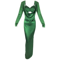 S/S 2010 Jean Paul Gaultier Emerald Satin Cone Bra & Plunging Gown Dress w Slit