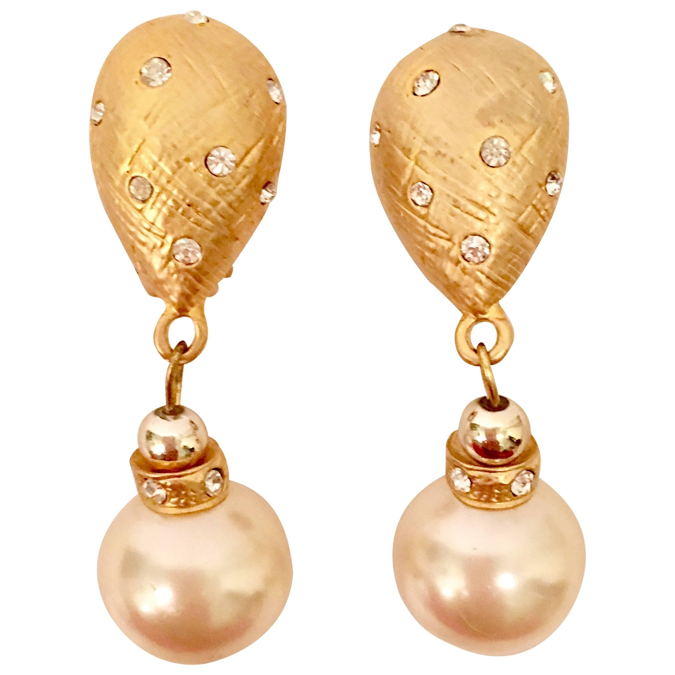 80'S Gold & Faux Pearl Bead Swarovski Crystal Drop Earrings By, Christian Dior For Sale