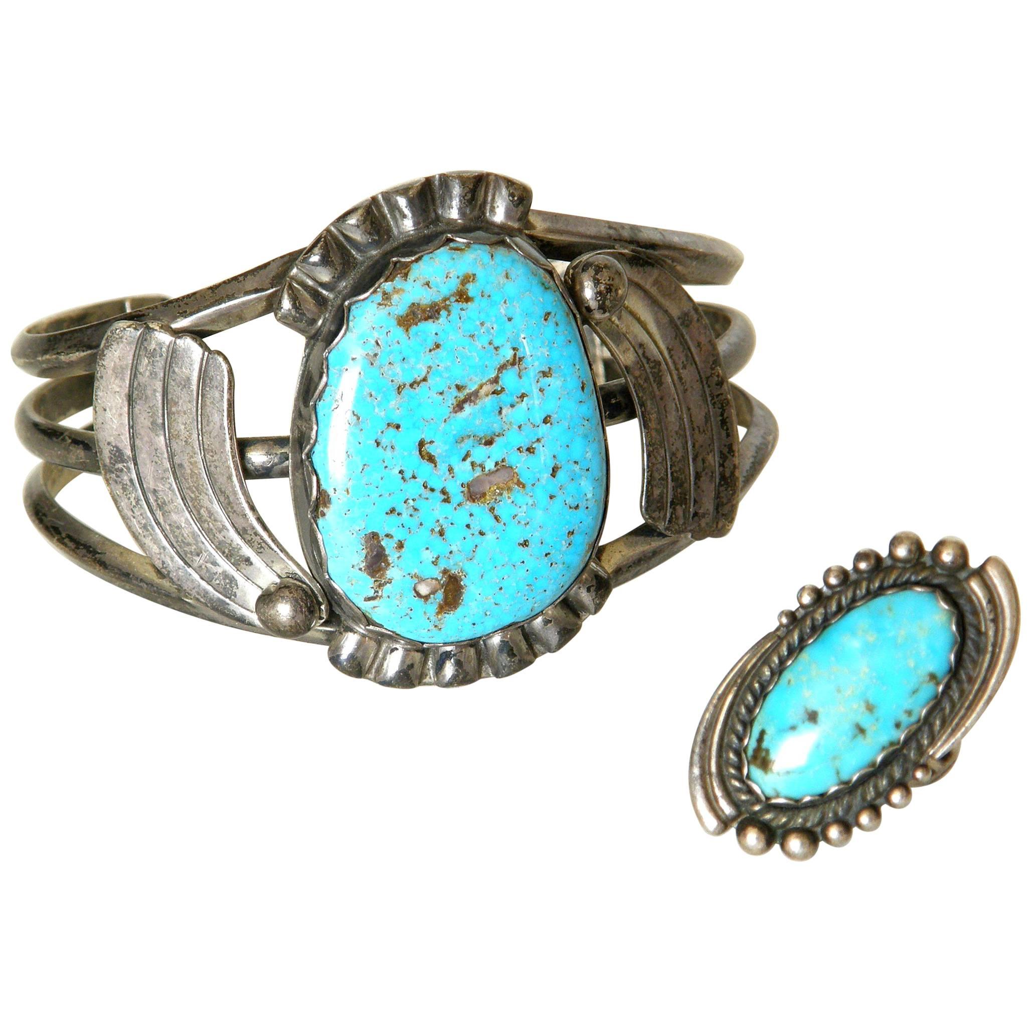 Maisel's Indian Trading Post Sterling and Turquoise Cuff Bracelet and Ring Set