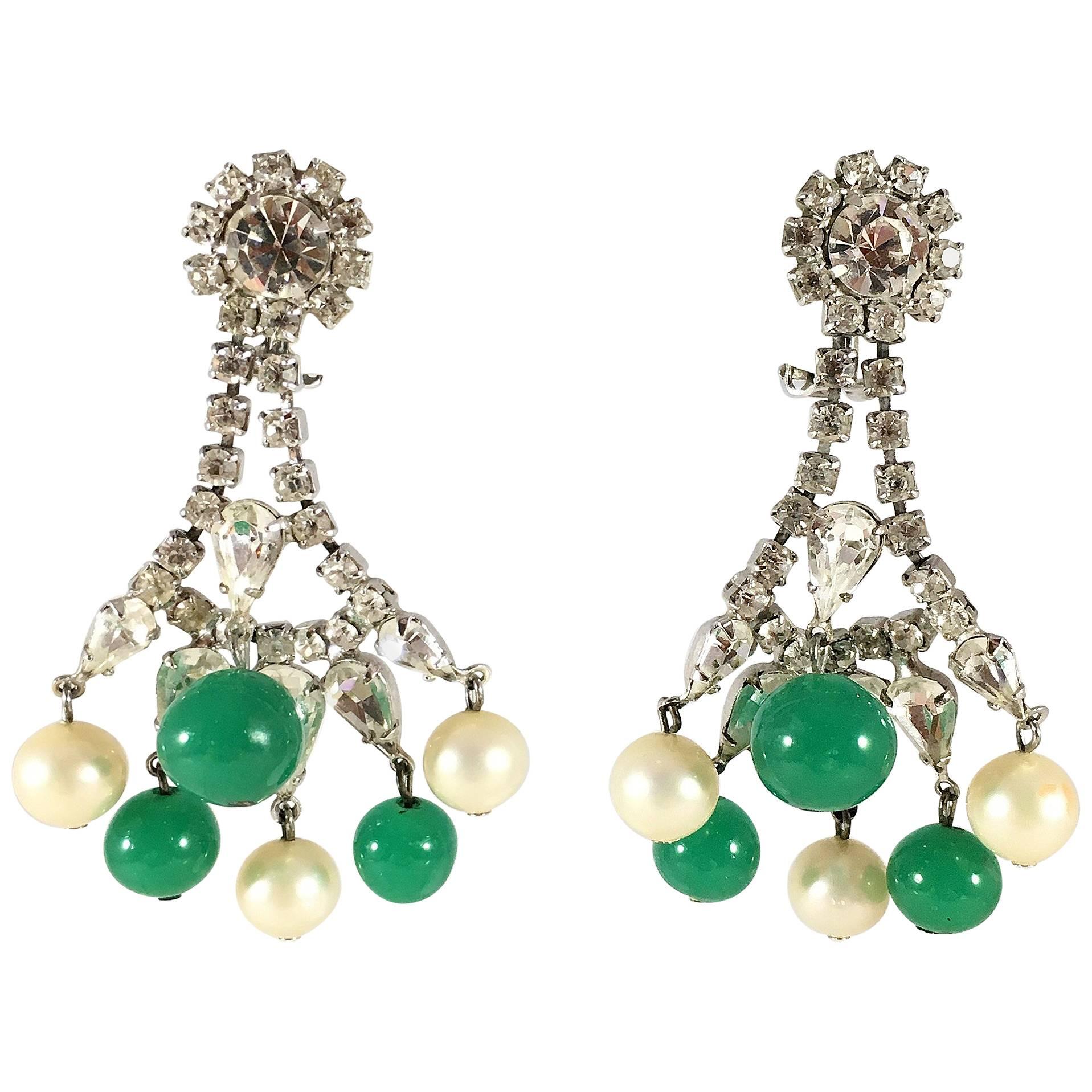 Hattie Carnegie 60s Chandelier Earrings with Rhinestones, Pearls and Emeralds For Sale