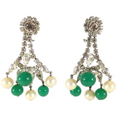 Hattie Carnegie 60s Chandelier Earrings with Rhinestones, Pearls and Emeralds
