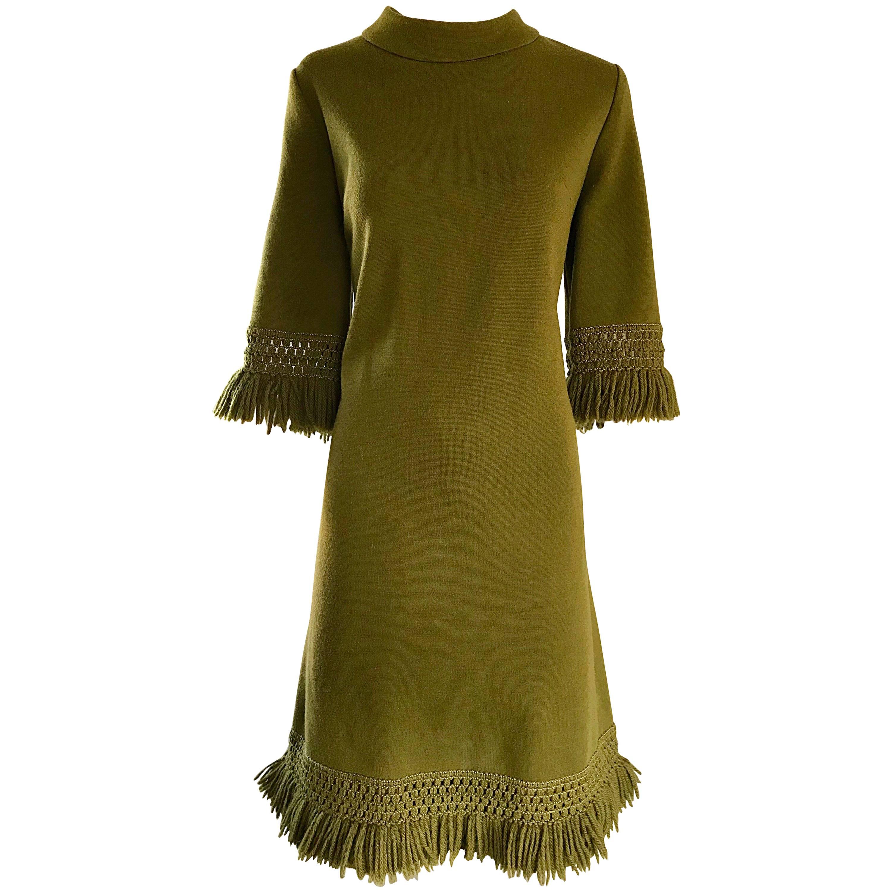 1960s Hunter Forest Green 3/4 Sleeves Fringe Hem Chic Vintage 60s Wool Dress 
