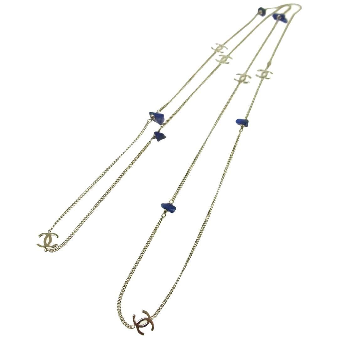 Chanel Silver Charm Chain Blue Evening Drape Necklace W/Box