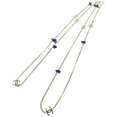 Chanel Silver Charm Chain Blue Evening Drape Necklace W/Box