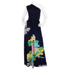 Vintage 1970s Unlabelled Mac Tac Printed One Shoulder Navy Dress