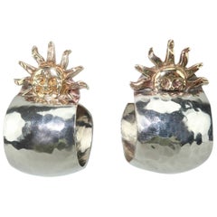 Vintage Sterling Silver Hoop Artisan Earrings With 14K Gold Suns Vintage Sterling Silver Hoop Artisan Earrings With 14K Gold Suns