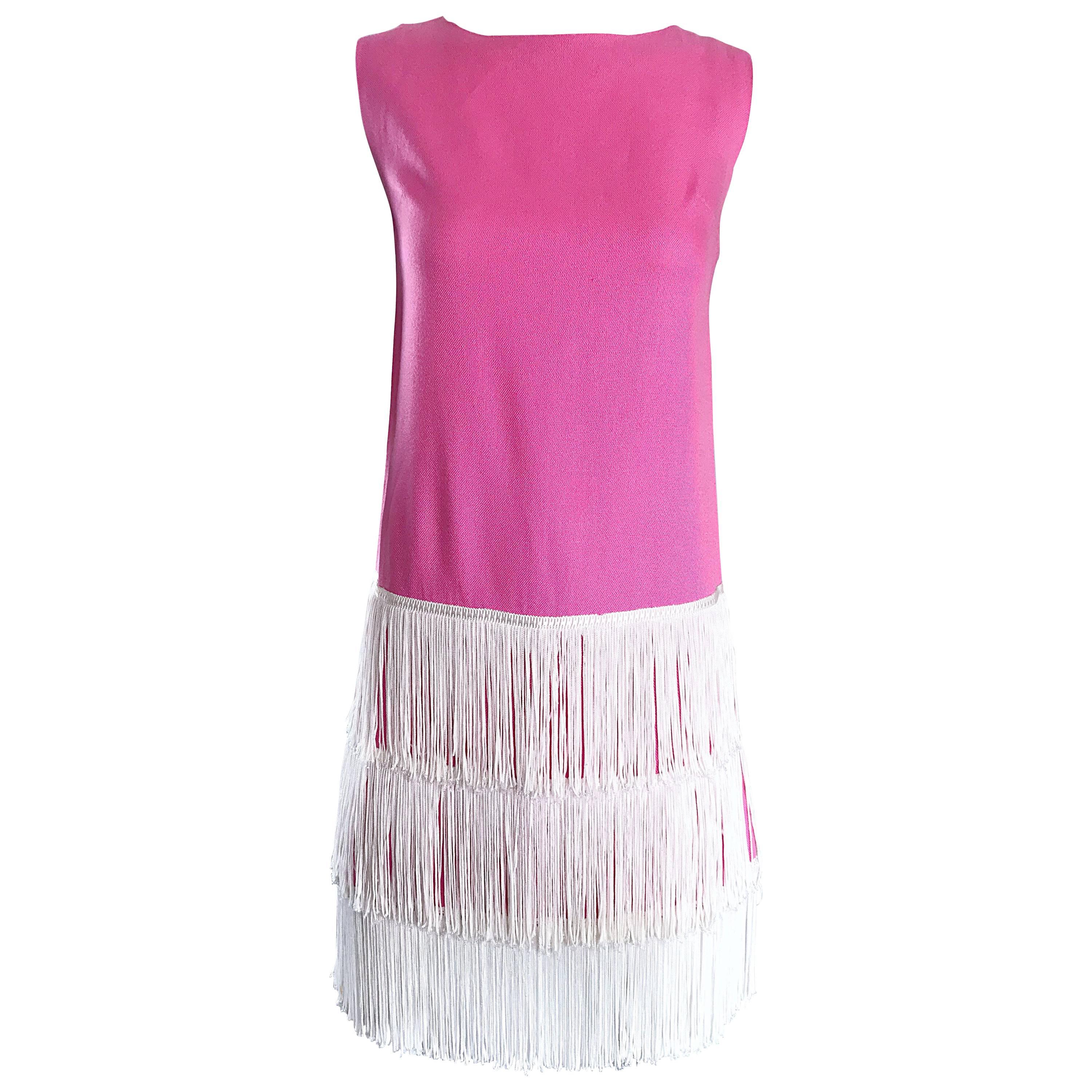 1960s does 1920s Bubblegum Pink + White Fringe Vintage 60s Flapper Shift Dress