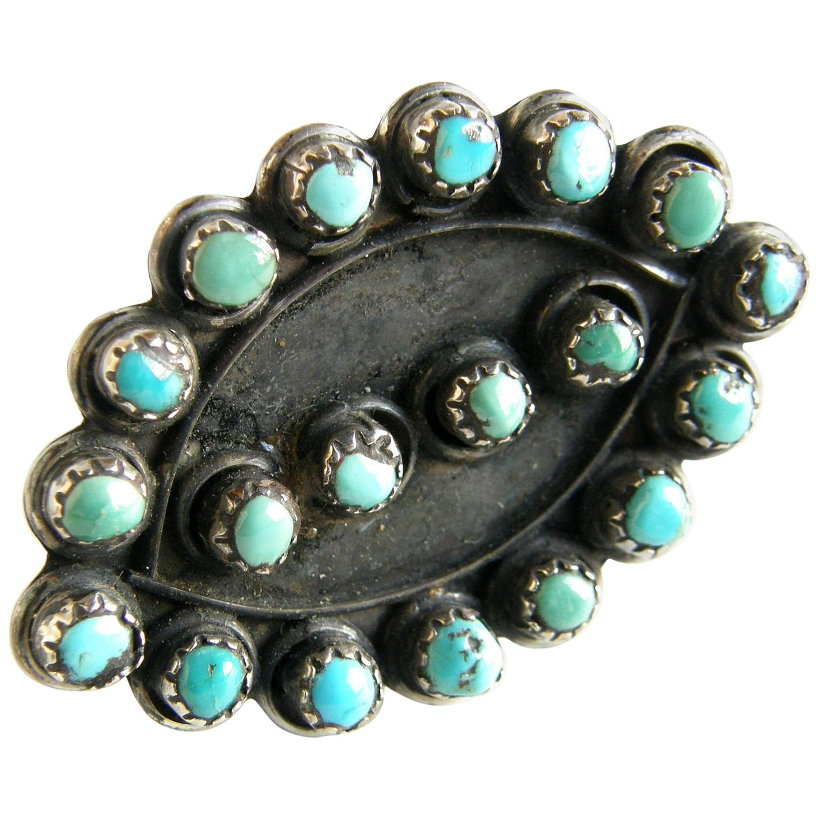 Native American Sterling Silver and Turquoise Petit Point Ring For Sale