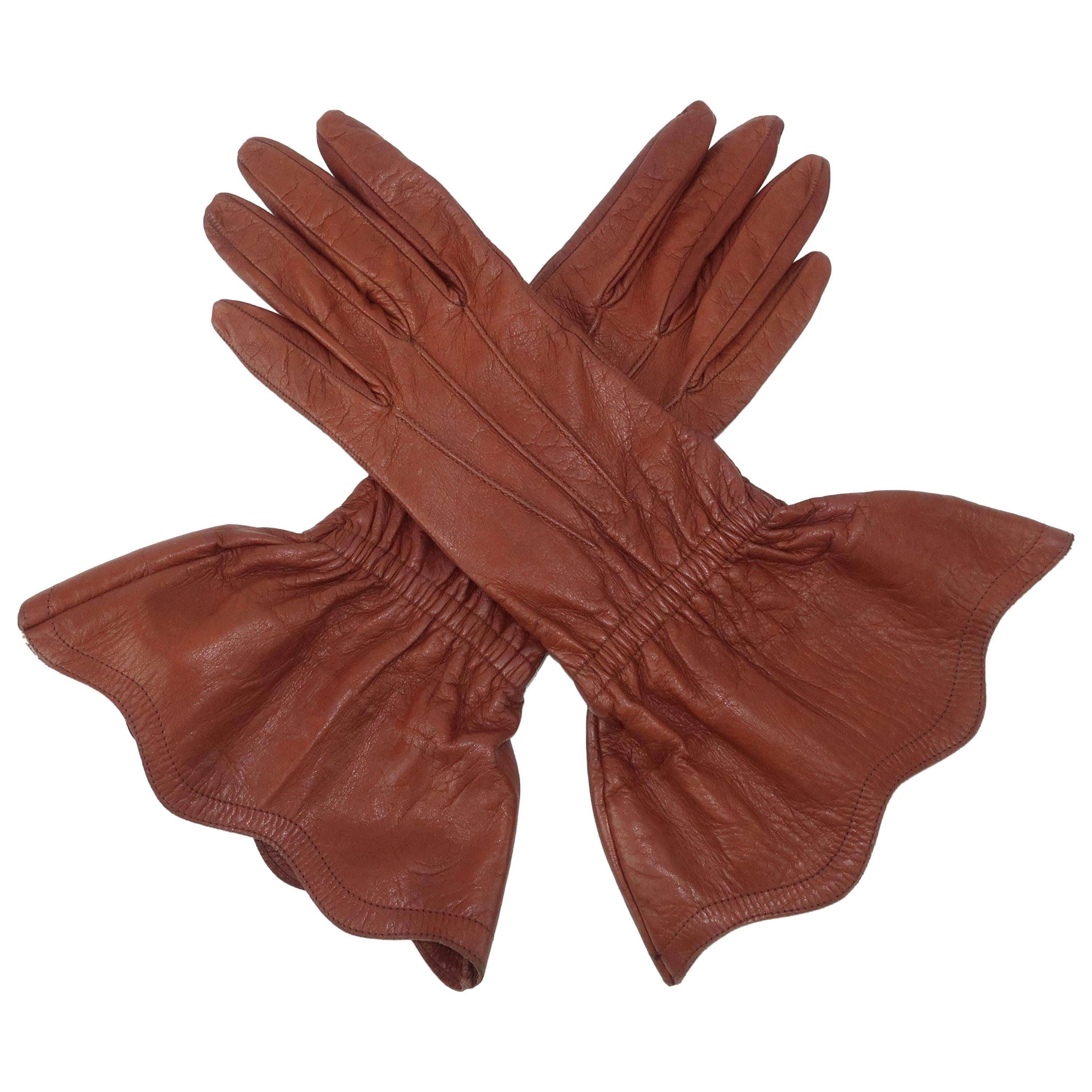1980's Yves Saint Laurent Cognac Brown Leather Gauntlet Gloves