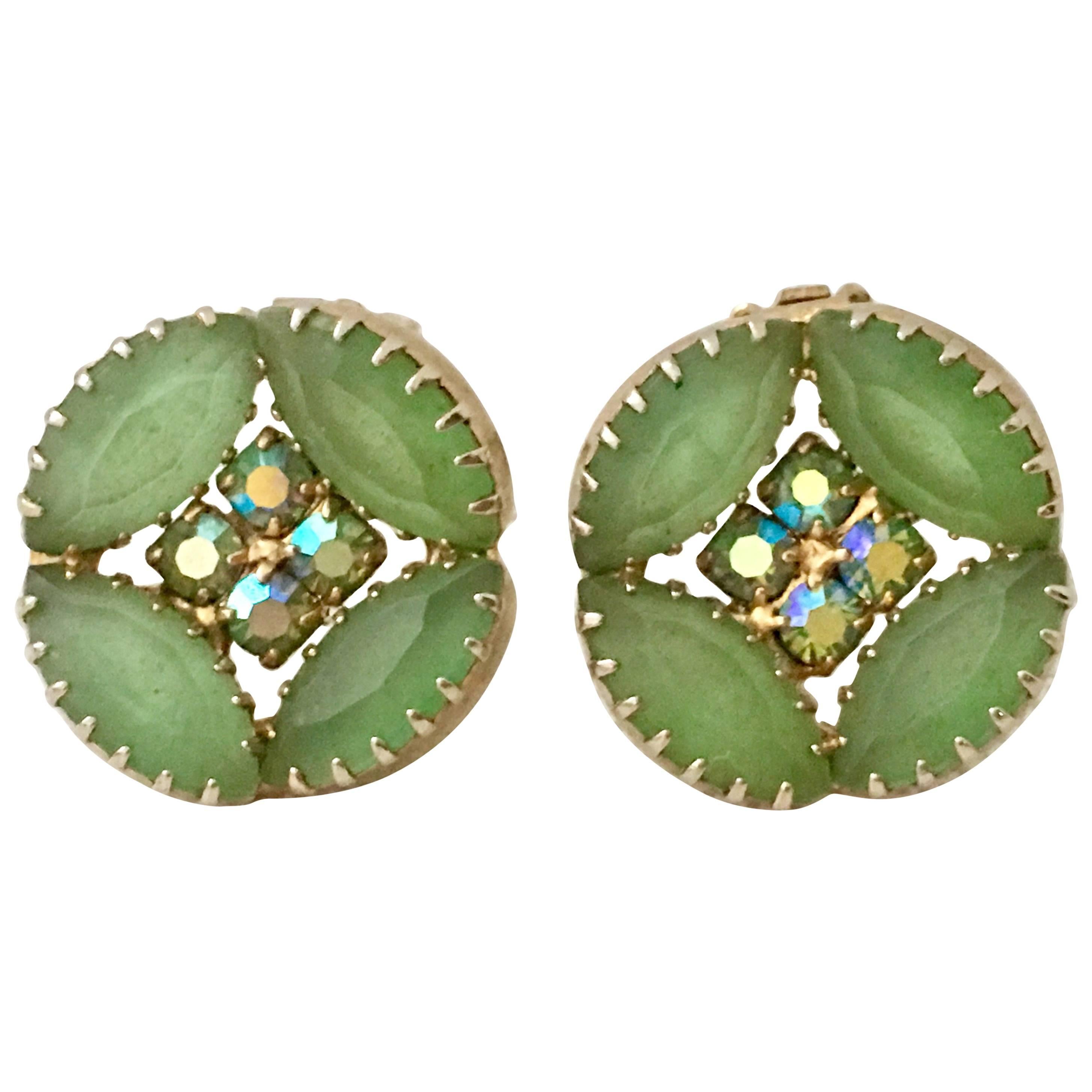 60'S Pair Of Frosted Art Glass & Swarovski Crystal Gold Tone Earrings For Sale