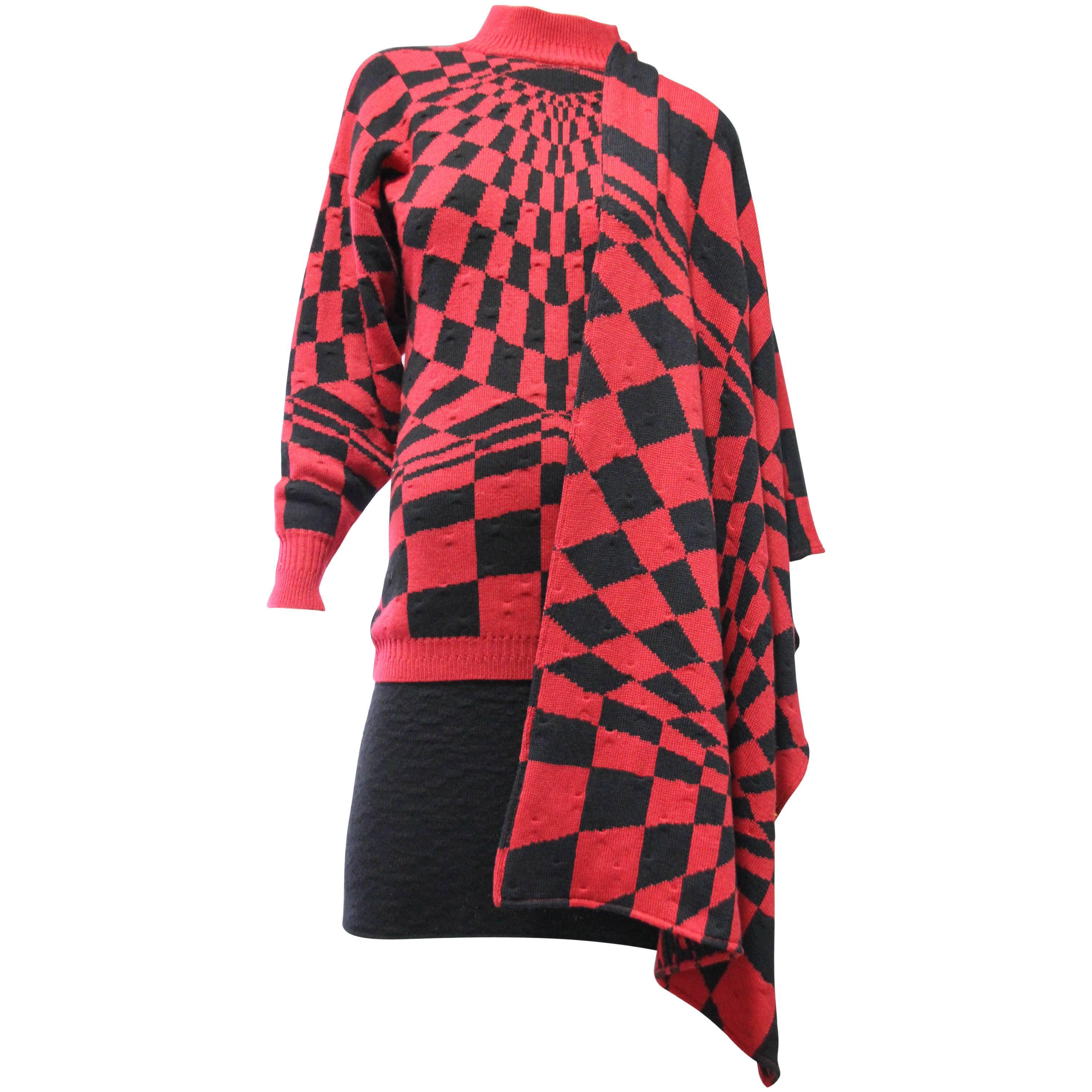 1980s Gianni Versace 3-Piece Knit Skirt Sweater & Scarf in Mod Red Checkerboard