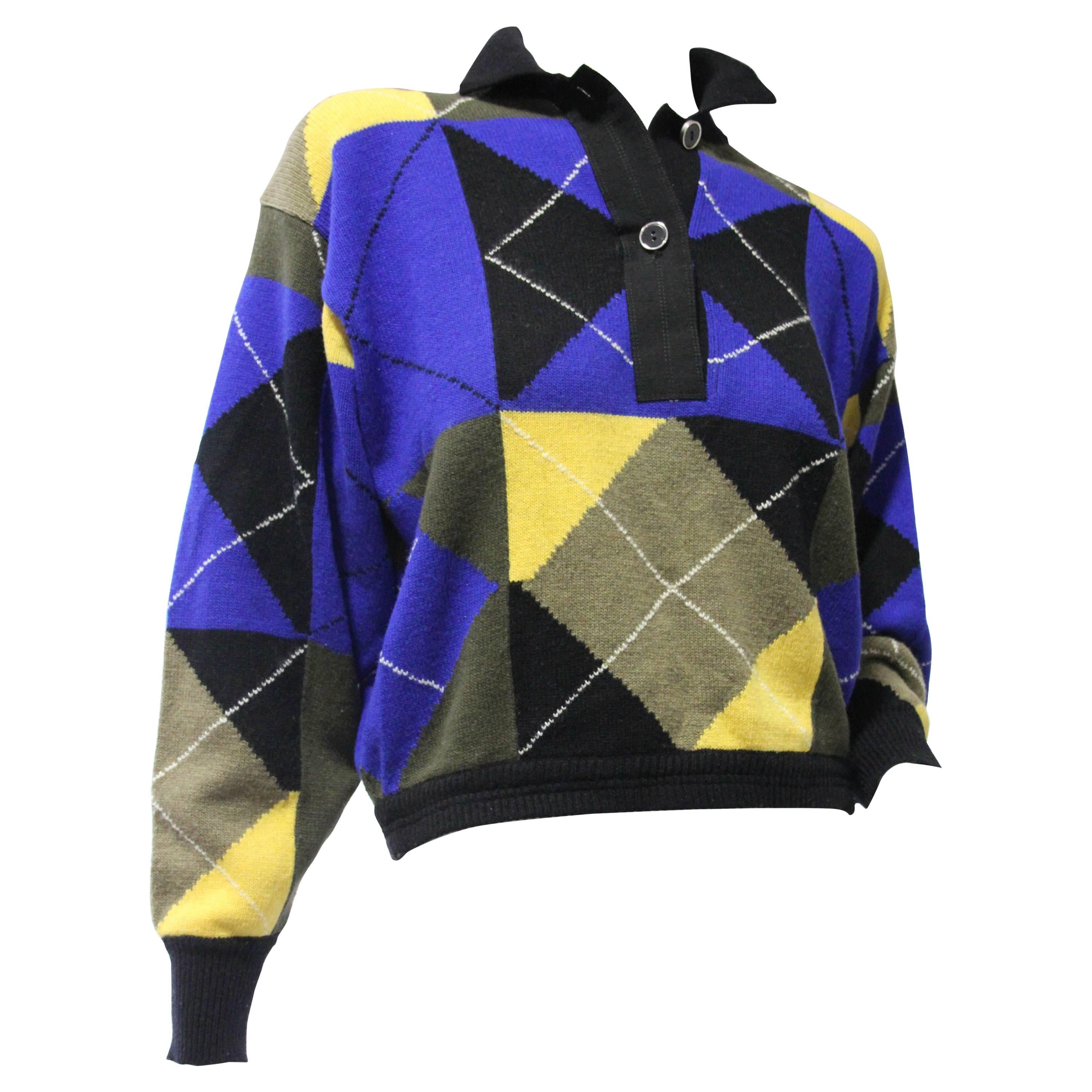1980s Gianni Versace Cropped Wool Argyle Polo Sweater