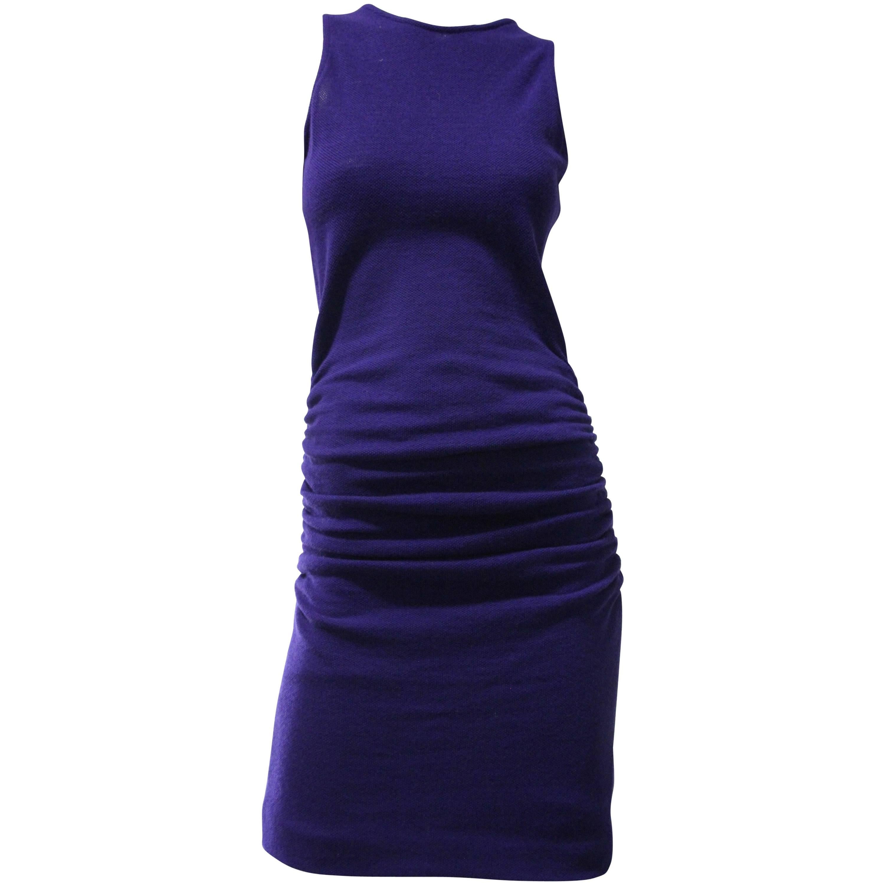 1980s Karl Lagerfeld Royal Purple Double Knit Wool Body-Con Dress w Back Buttons For Sale