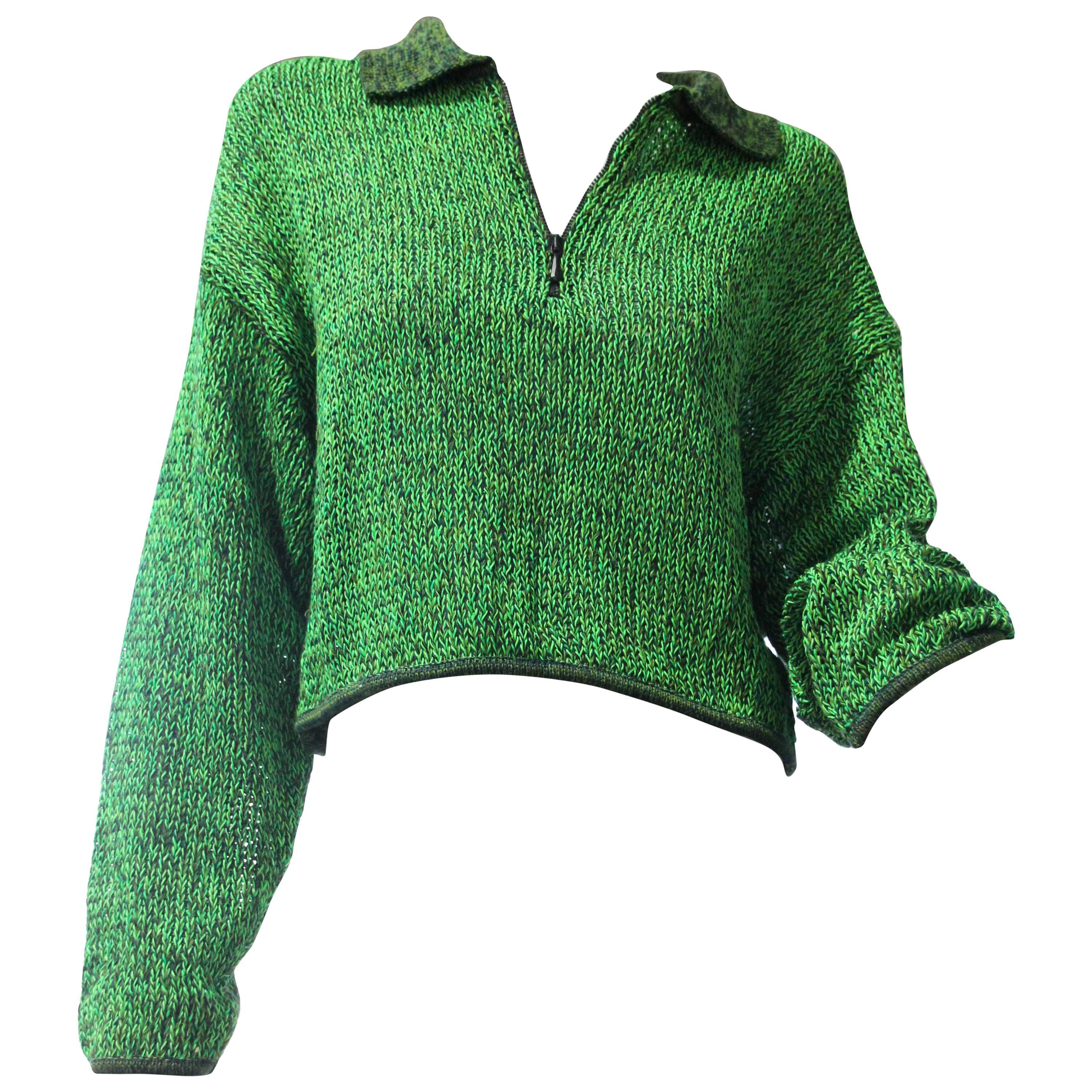 1980s Jean Paul Gaultier Cropped Zip-Front Sweater in Neon Green and Black