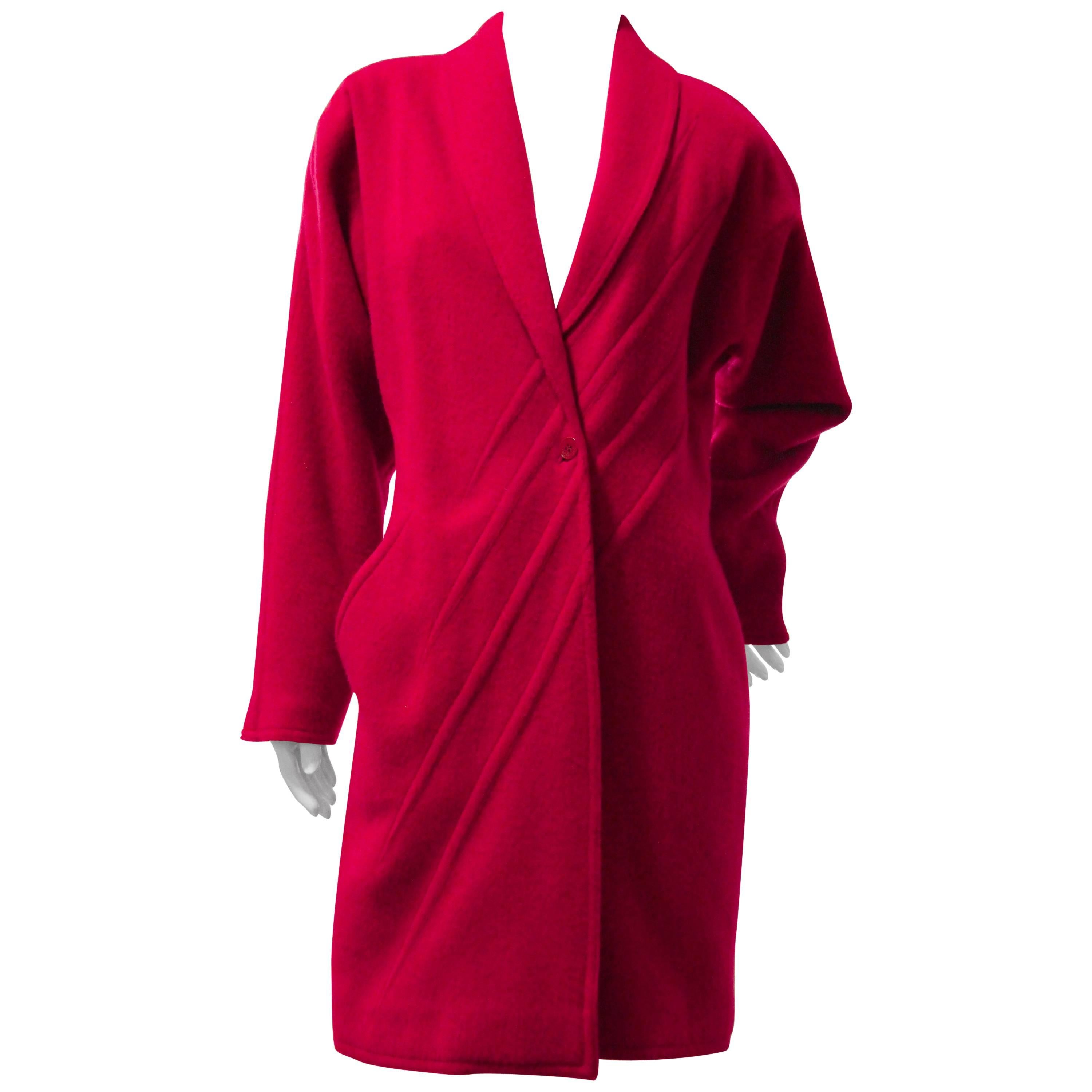 1980s Gianni Versace Primary Red Wool Coat w Angular Trapunto Stitching Details For Sale