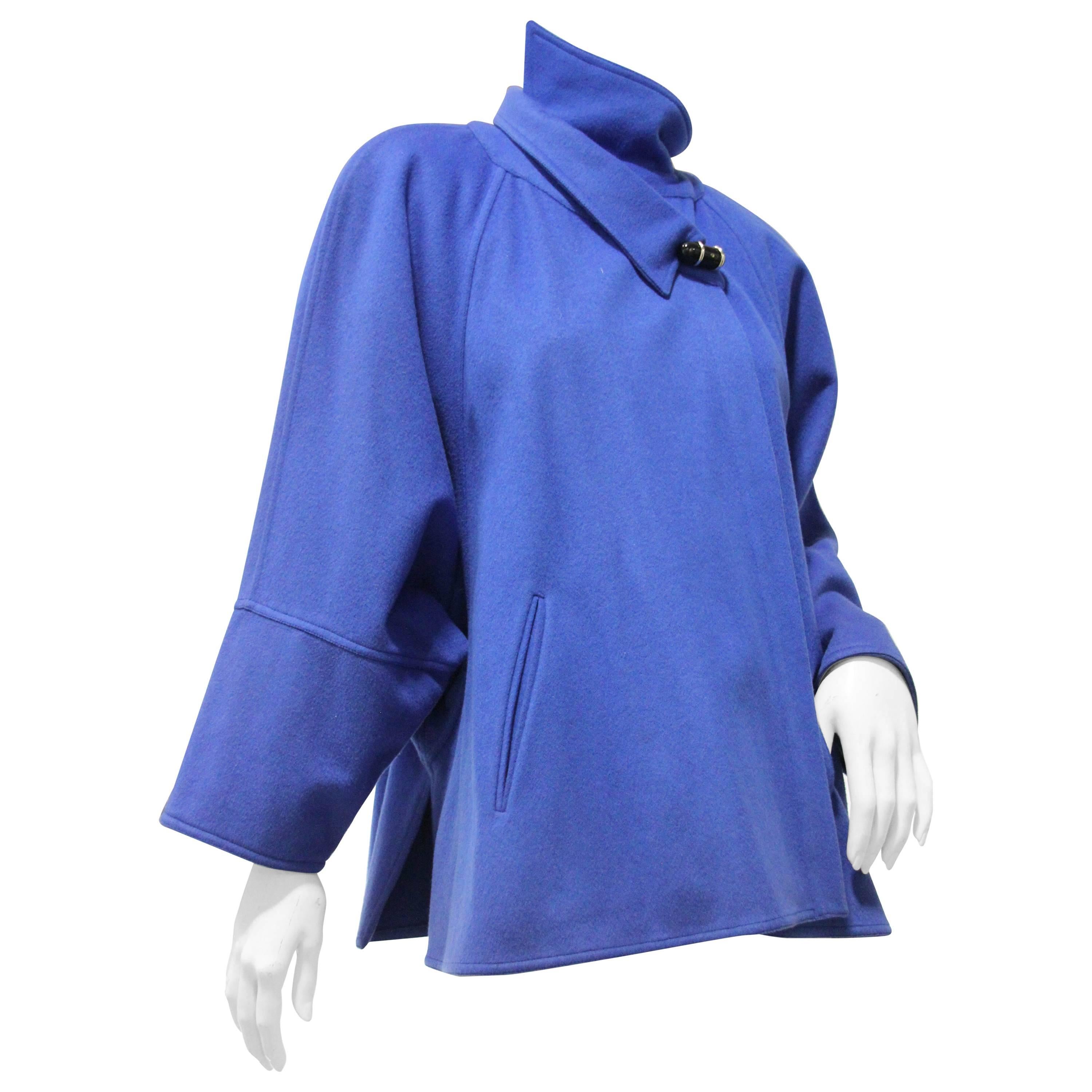 1980s Chloe Electric Blue Wool Felt Swing Coat w Asymetrical Collar 