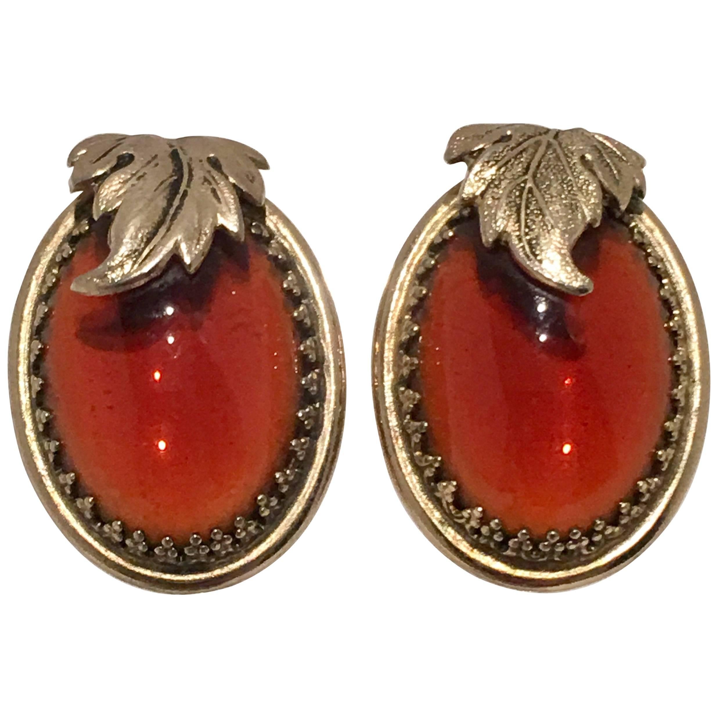 Vintage Art Nouveau Style Gold & Amber Art Glass Earrings By, Whiting & Davis For Sale
