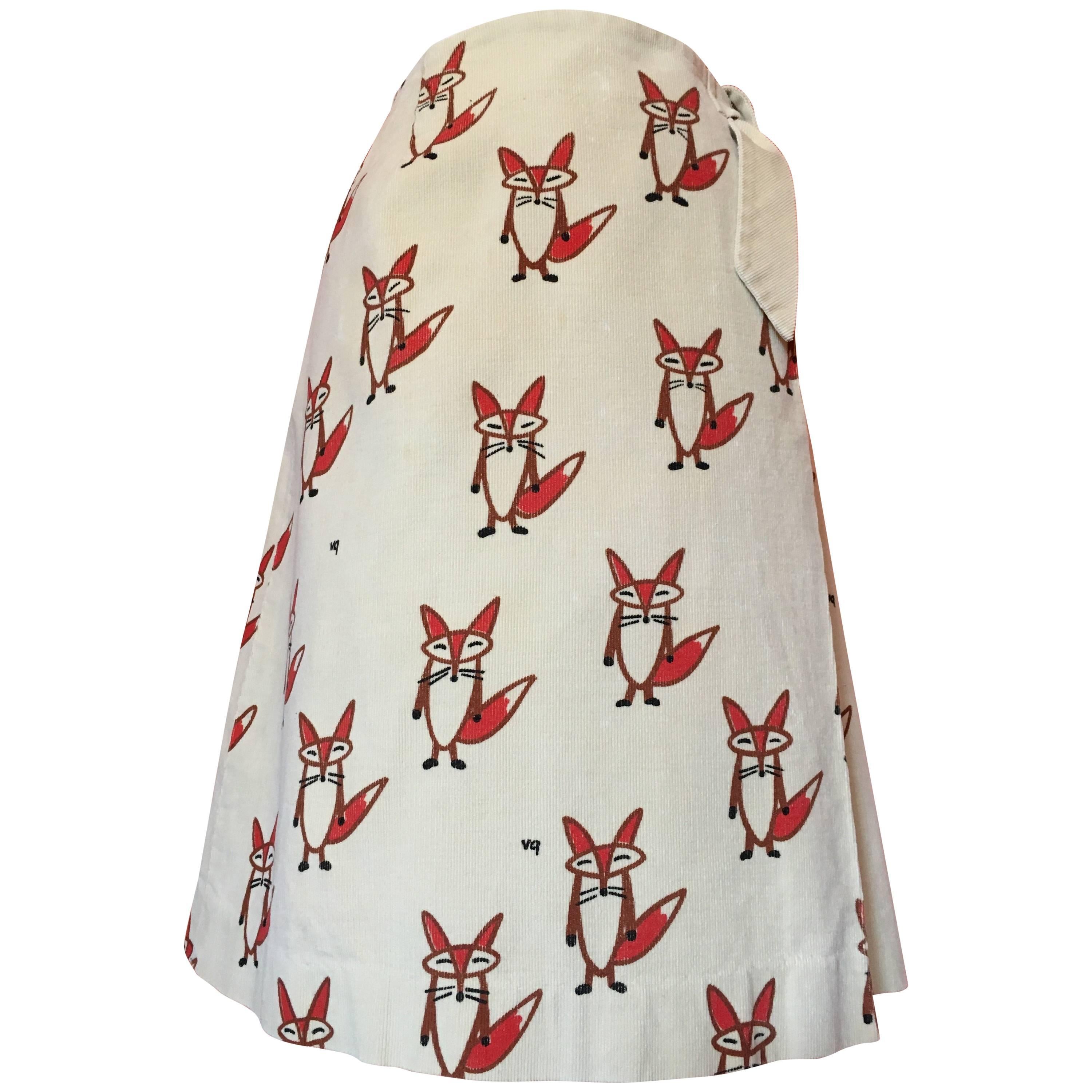 1960s Vested Gentress Fox Printed Corduroy Wrap Skirt For Sale