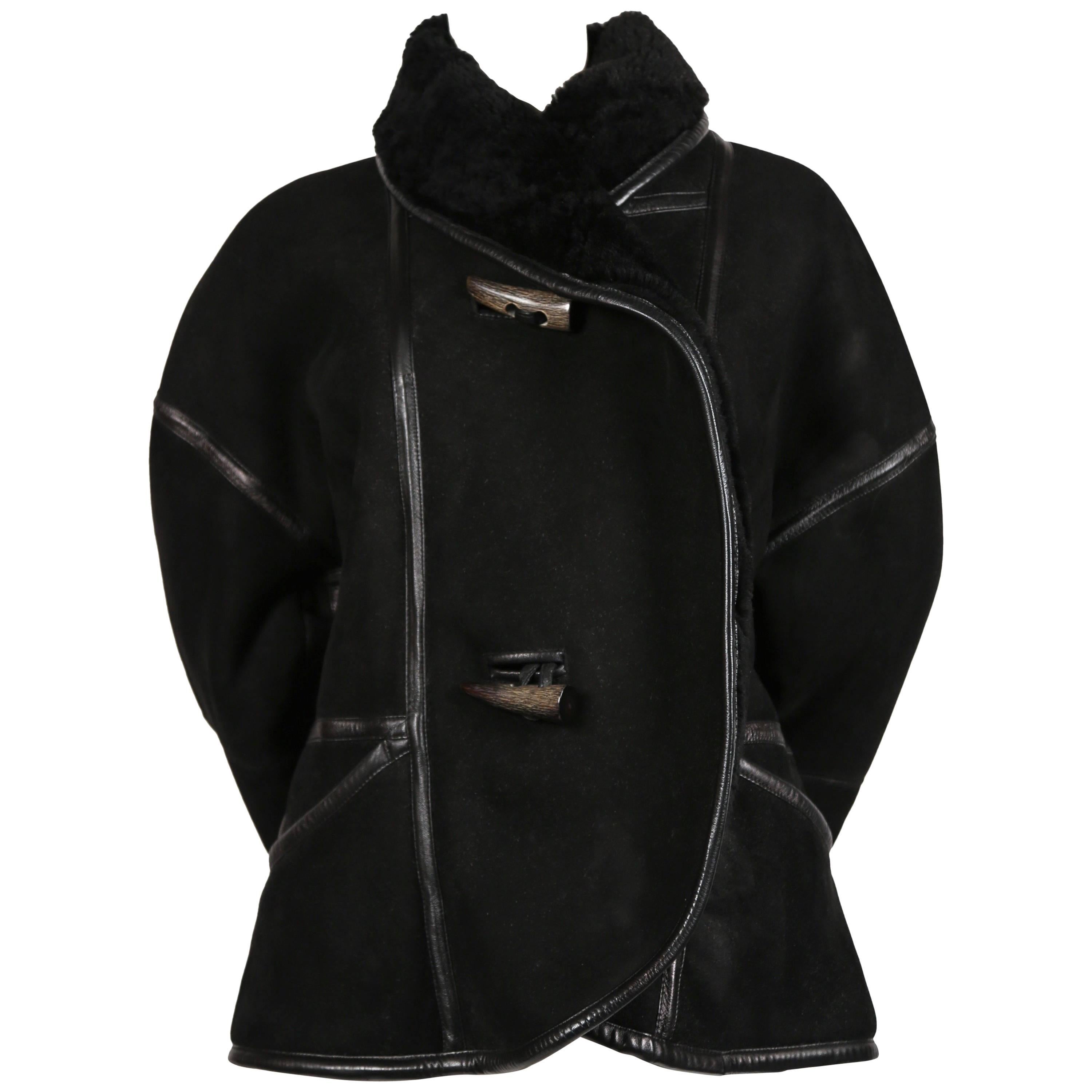 1980's ISSEY MIYAKE black shearling coat with horn buttons