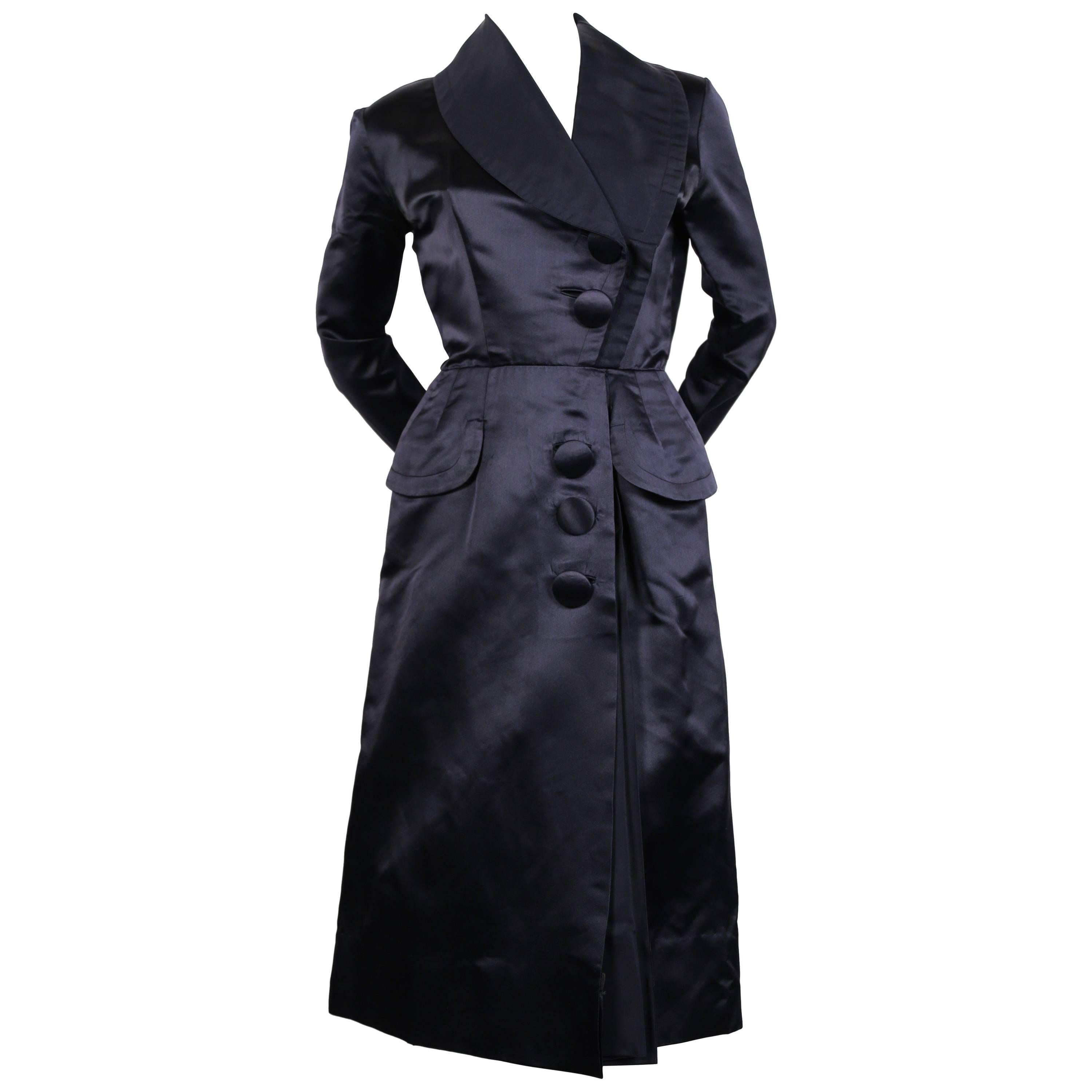 Jacques Fath navy blue satin coat dress, 1940s 