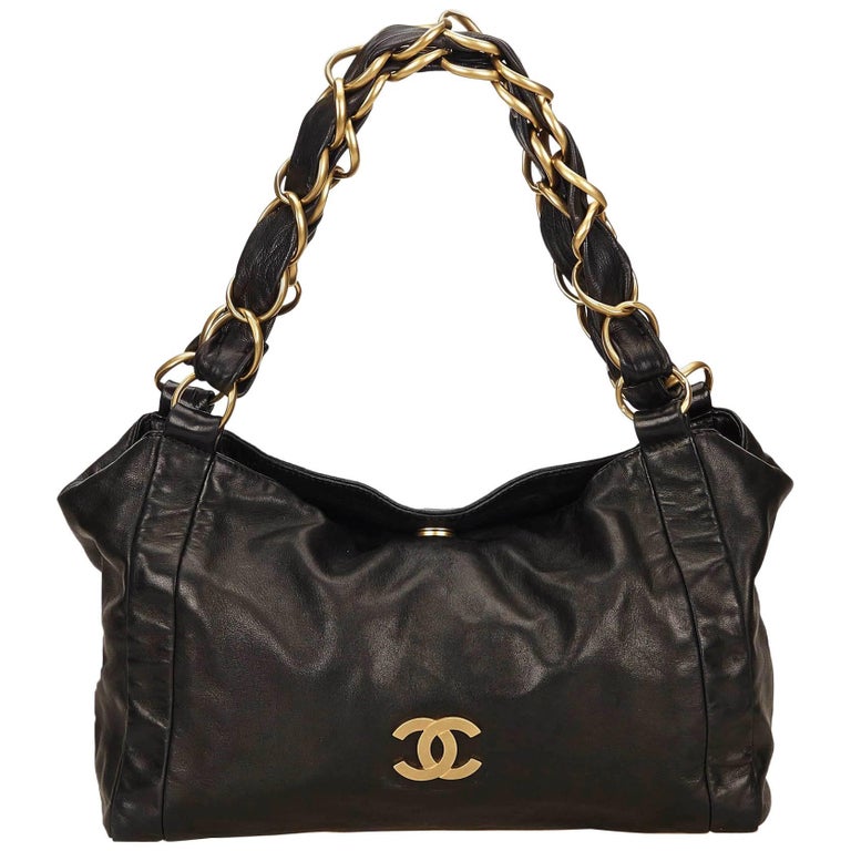 Chanel Black Leather Fold Top Gold Chain Strap Tote Bag at 1stDibs