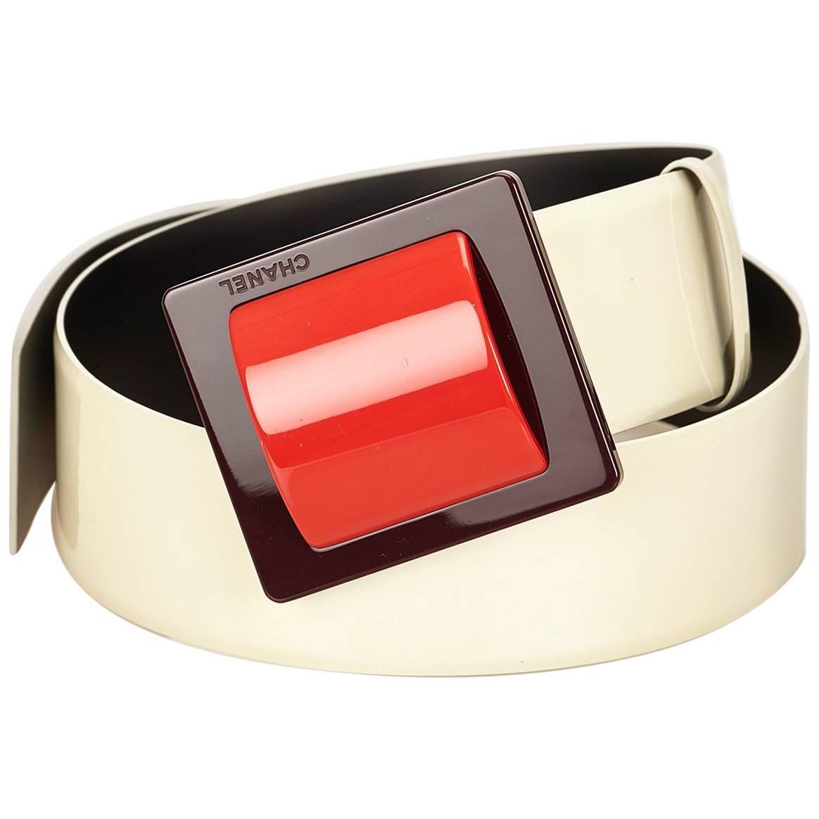 Chanel White Patent Leather with Red Buckle Belt