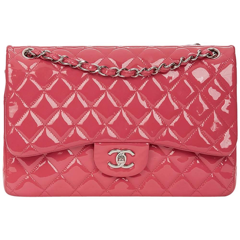 2014 Chanel Pink Quilted Patent Leather Jumbo Classic Double Flap Bag 