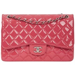 Vintage 2014 Chanel Pink Quilted Patent Leather Jumbo Classic Double Flap Bag 