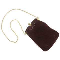 1960's Brown Suede Leather Handbag With Gold Chain Shoulder Handle