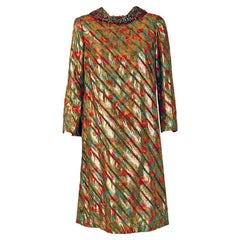 Vintage 1960's Branell Beaded Colorful Metallic Silk Belted Long-Sleeve Dress